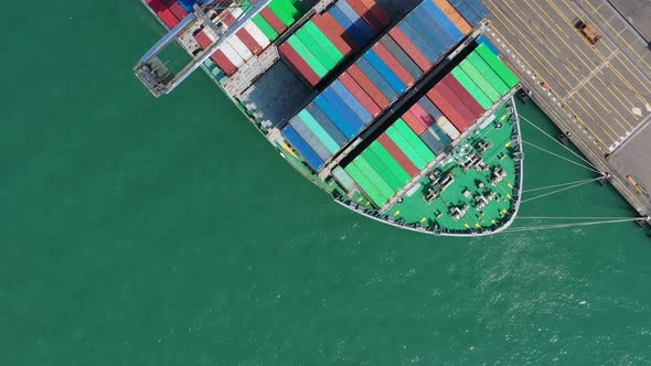 Top view of cargo ship in the port in Hong Kong