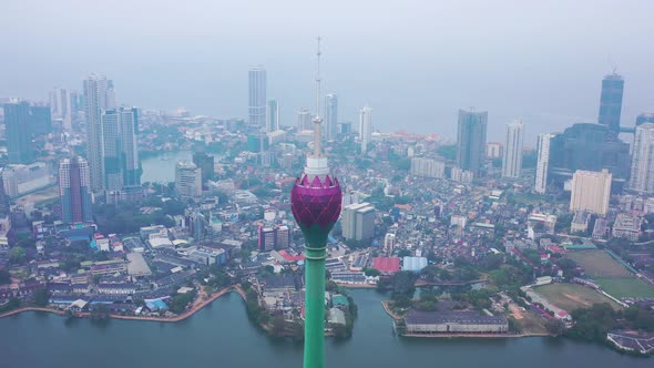 Aerial view of Lotus Tower in Colombo downtown, Sri Lanka.