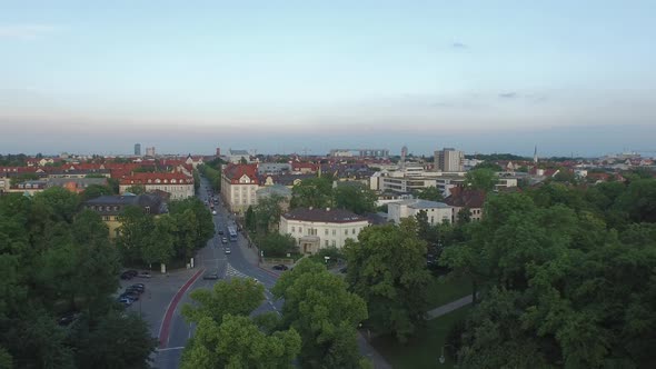 Aerial view of the Angel of Peace and a park