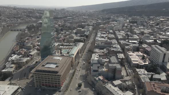 Tbilisi, Georgia - March 3, 2021: Flying over Shota Rustaveli Avenue