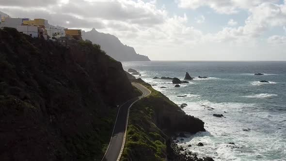 Aerial drone view of a rugged and stormy coastline of North Tenerife. Recorded in Playa de Benijo in