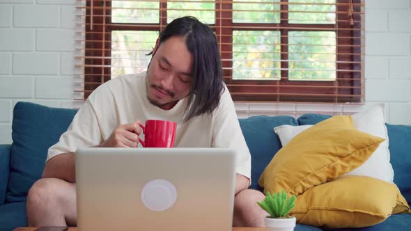 Asian man working at home, male creative on laptop on sofa drinking coffee in living room.