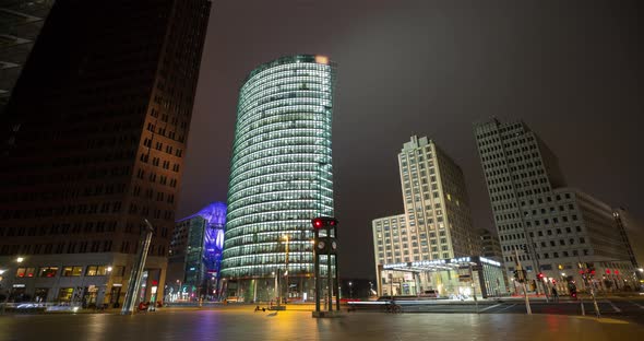 Night hyper lapse of modern architecture buildings at Potsdamer Platz Berlin