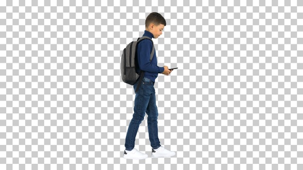 Schoolboy with a backpack using mobile, Alpha Channel