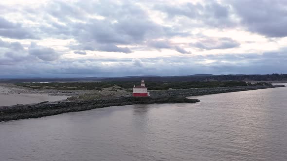 Coquille River Lighthouse in Bandon at the Oregon Coast, USA. West Coast United States. Drone flyove