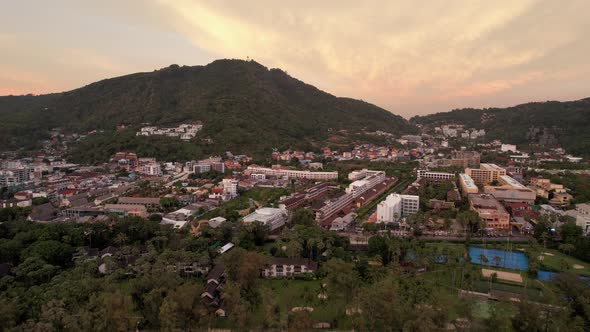 Aerial View of the Island at Sunset From a Drone