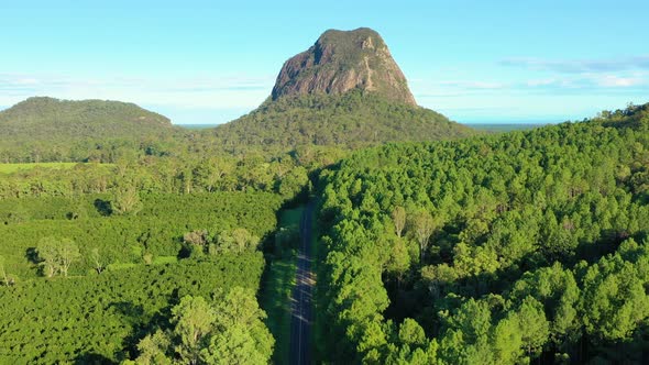 Aerial view of Mt Tunbubudla, Glass House Mountains, Queensland, Australia.