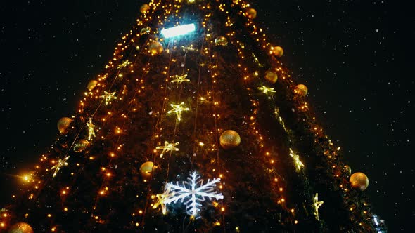 From the Bottom Up Video with a Decorated Christmas Tree While It Snows Nicely Outside Evening