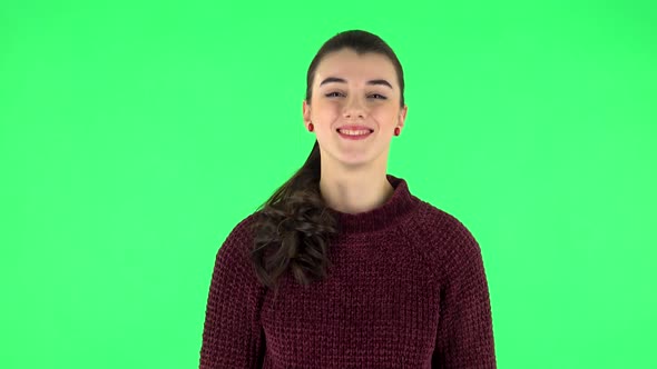 Lovely Girl Smiles Seductively and Winks. Green Screen