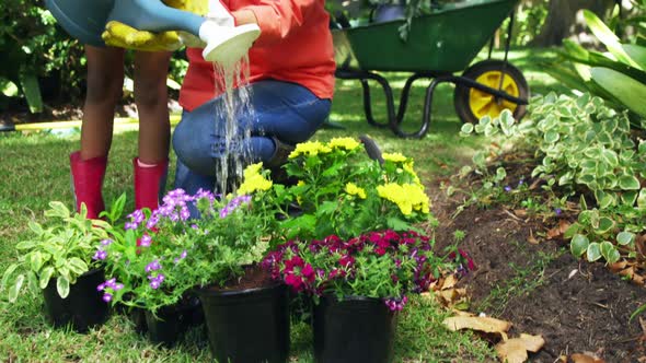 Grandmother and grand daughter watering plants