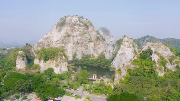 Aerial view of Khao Ngu Stone. National park with river lake, mountain valley hills