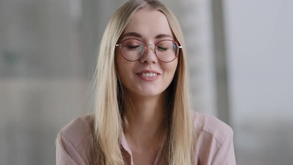 Portrait Webcam View Caucasian Smiling Business Woman Blogger Female Student Wearing Glasses Online