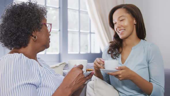 Senior mixed race woman drinking tea with her daughter in social distancing