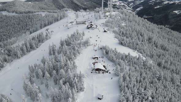 Top of ski mountain covered with snow. Ski lifts and people skiing. Trees and slopes, everything sno