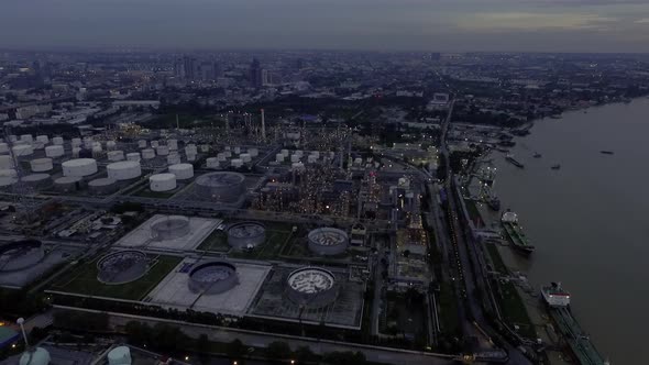 Aerial View of oil refinery or petroleum refinery industrial processing plant and petroleum products