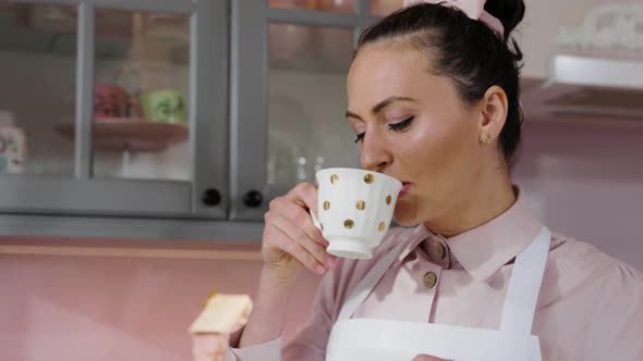 Pastry Chef having a Cup of Coffee in the Morning in her Pastry Shop before Cooking, Food Commercial