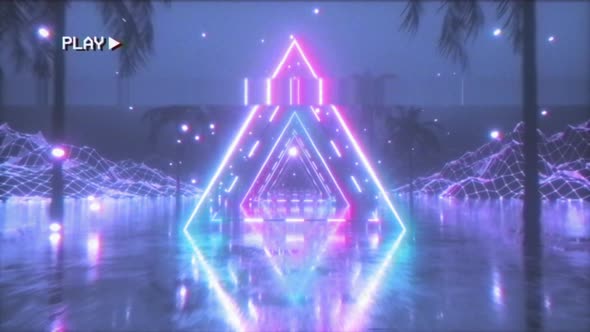 Flying in a Retro Futuristic Space with Glowing Neon Triangle