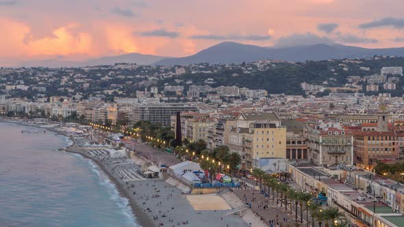 Panorama Over Nice City and Mediterranean Sea Aerial Day to Night Timelapse