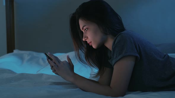 Late Online Sleepless Night Amused Woman Phone Bed
