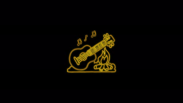 Guitar icon with bonfire fire animation lines on black background. 4K video seamless neon line