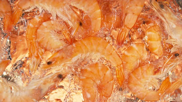 Super Slow Motion Shot of Shrimps Falling and Splashing Into Water on Orange Background at 1000 Fps