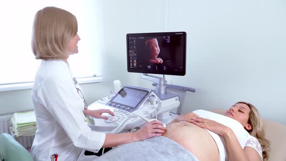 In the Hospital, Close-up Shot of the Doctor Does Ultrasound / Sonogram Procedure To a Pregnant
