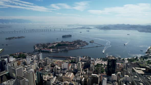 Panning wide view of downtown city of Rio de Janeiro Brazil. Tourism landmark.