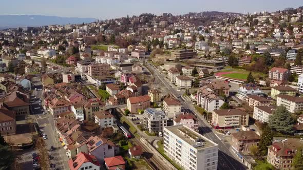 Drone view of Pully, small city next to Lausanne, in Switzerland. Aerial