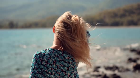 Hair Flying Blowing On Wind In Travelling Adventure Trip. Inspiring Travel Breathe Fresh Air On Sea
