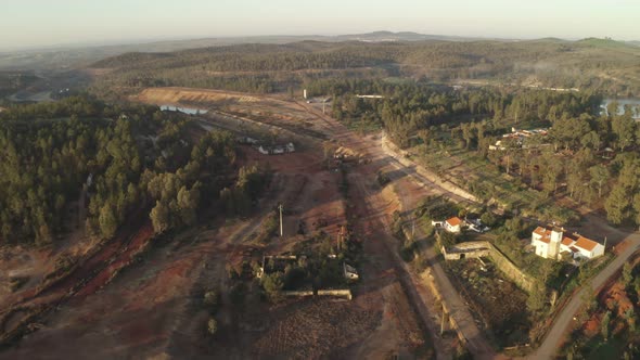 Aerial drone view of the abandoned mines of Mina de Sao Domingos, in Alentejo Portugal