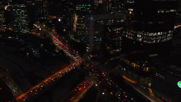 Night Santiago is the capital of Chile (aerial view, drone footage)