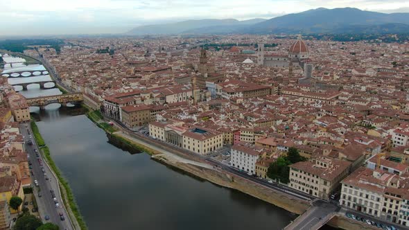 Aerial view of Florence city center and Arno river in Tuscany, Italy, Europe