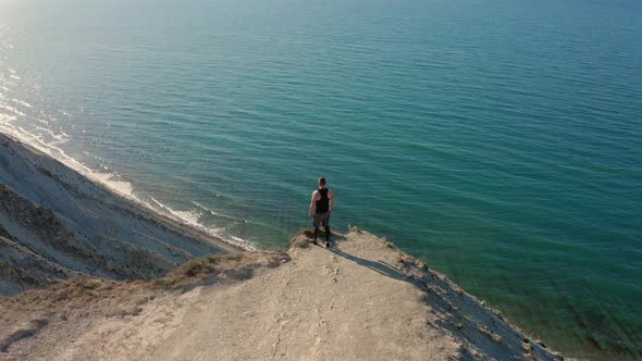 Aerial View, Traveler Stands on Top of Mountain, Beautiful Landscape View