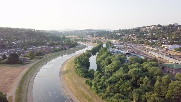 Aerial drone footage of a flood prevention system next to St David's station in Exeter, England.