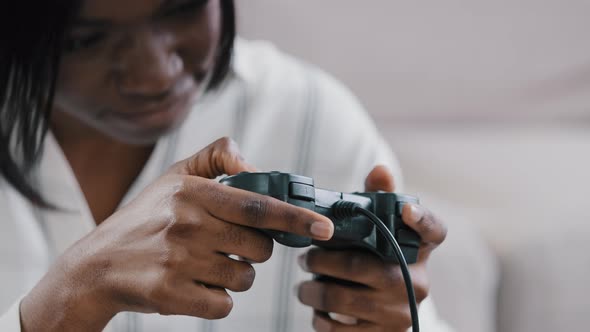 Closeup Female Hands Young Concentrated African American Woman Gamer Holding Joystick Playing Video