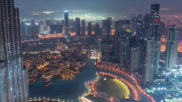 Amazing Aerial View of Dubai Downtown Skyscrapers Night to Day Timelapse Dubai United Arab Emirates