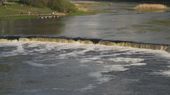 Flying Fish at Ventas Rumba Waterfall. The Widest Waterfall in Europe in Latvia Kuldiga