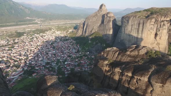 Aerial view of Kalambaka and Kastraki and Meteora rocks