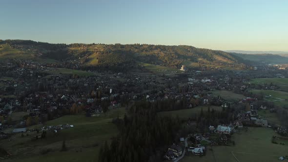 Aerial at rural town of Zakopane in Poland during early sunrise