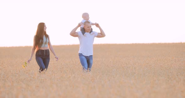 Father Mother and Child in the Field of Golden Culture Warm Evening Light