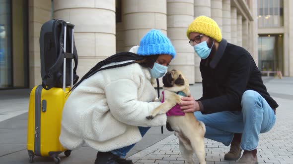 Caucasian Boyfriend in Safety Mask with Dog Meeting African Girlfriend Outside Airport