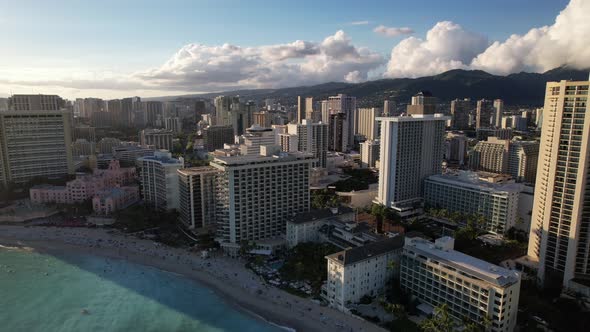 Honolulu Buildings Aerial Push at Sunset