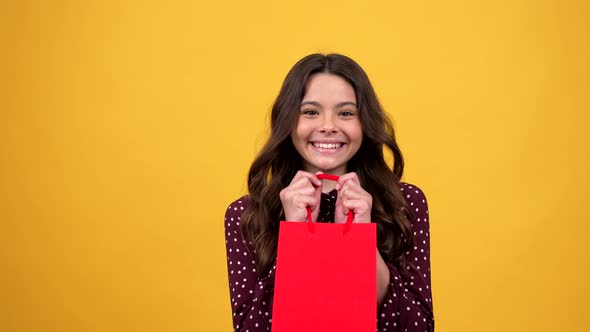 Happy Child Hold Shopping Bag Present Wondering What is Inside Surprise