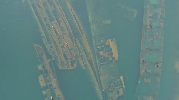 Aerial View of Wreckage Submerged Warships, Abandoned Vessels