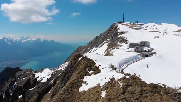 Aerial Drone View on Snowy Peaks of Swiss Alps. Switzerland. Rochers-de-Naye Mountain Peak.