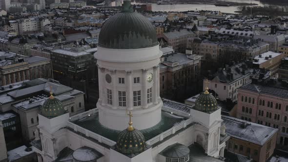 Drone aerial view of Helsinki Cathedral. Flying back.