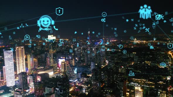 smart Connected city skyline. Futuristic network concept, city Technology.