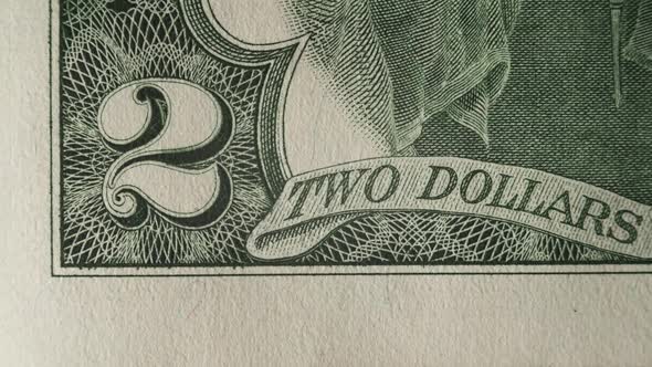 Two Dollar Banknote Stop Motion Macro Close Up Shot. Macro USD Finance Freedom and Investment. 2