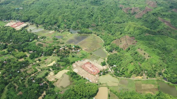 Aerial view of brick factories in Dhaka province, Bangladesh.