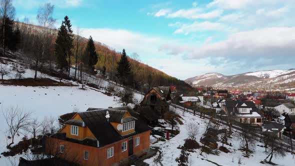 Aerial View of a Village in the Carpathian Mountains in Winter. Yaremche, Ukraine